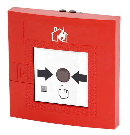 Ein rotes Brandschutztüröffner-Panel mit einem weißen Symbol für eine Tür und einem runden Knopf, der von Pfeilen und einer Handzeichen umgeben ist.